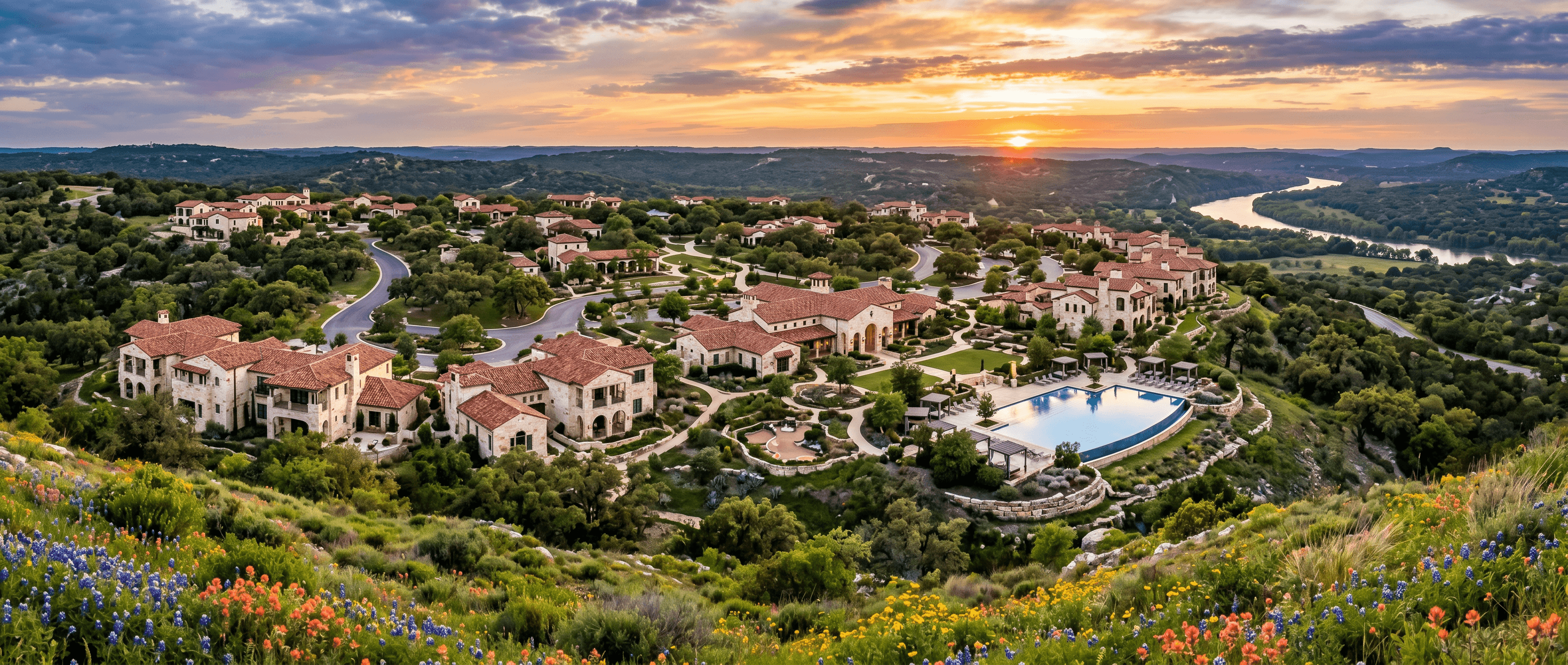 Aerial view of The Statesman at Horseshoe Bay luxury senior living community at golden hour